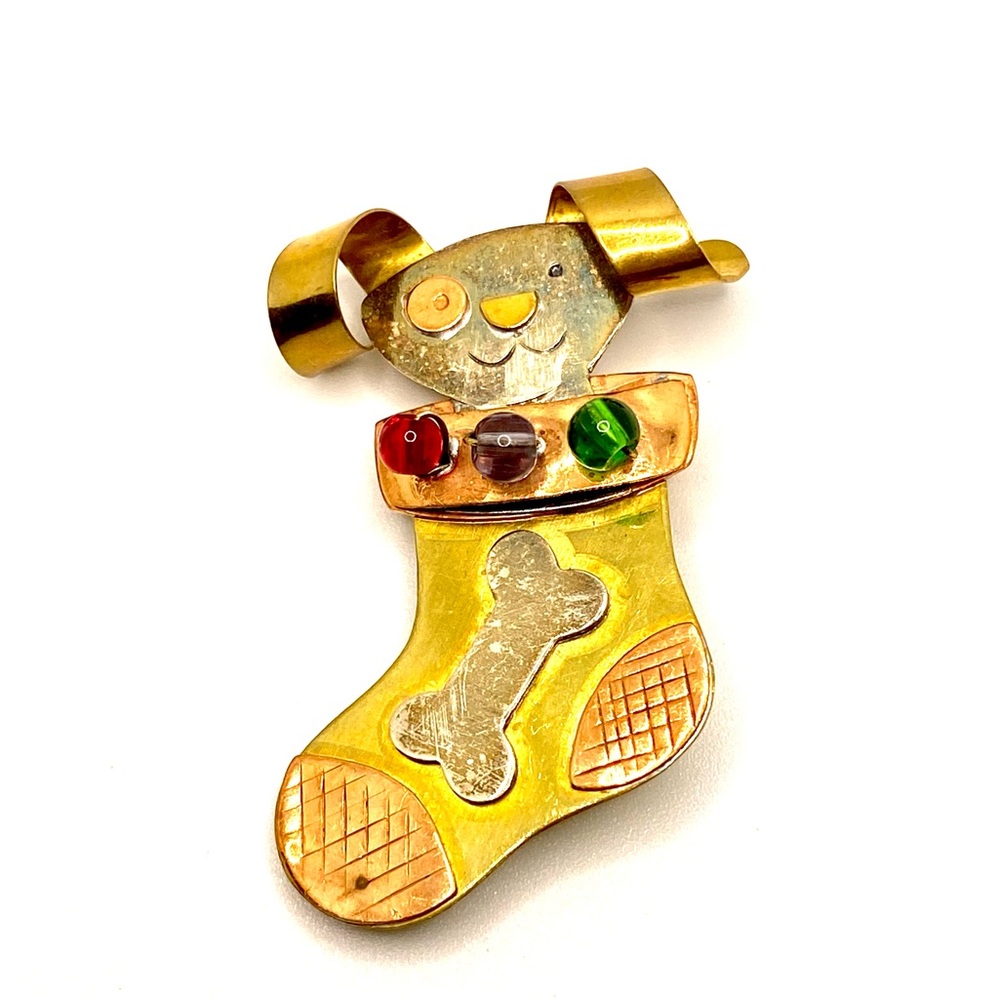 Antique Dog Christmas Stocking Holiday Brooch Pin Pendant Lapel ✨ D008